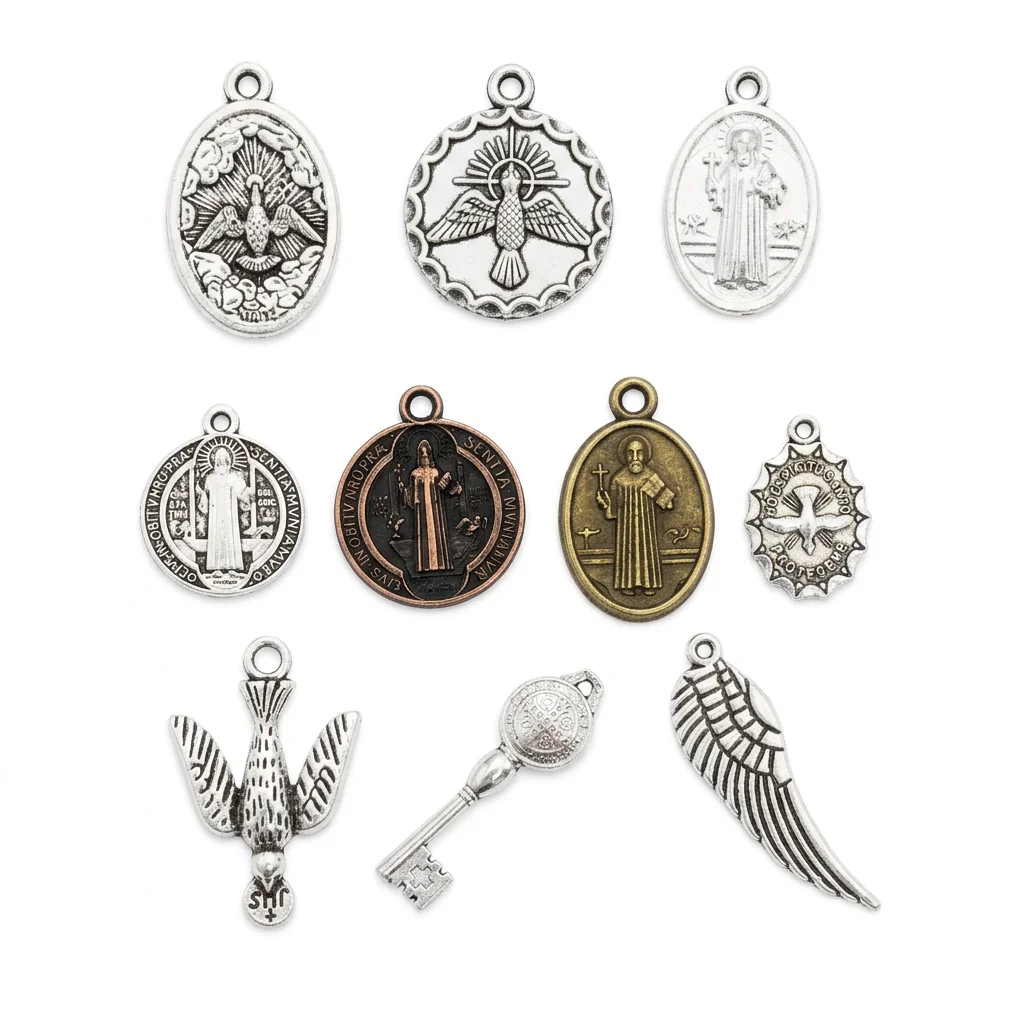 10Pcs Catholic Saint Medal Charms Holy Spirit Dove St. Benedict Pendants for DIY Rosary Jewelry