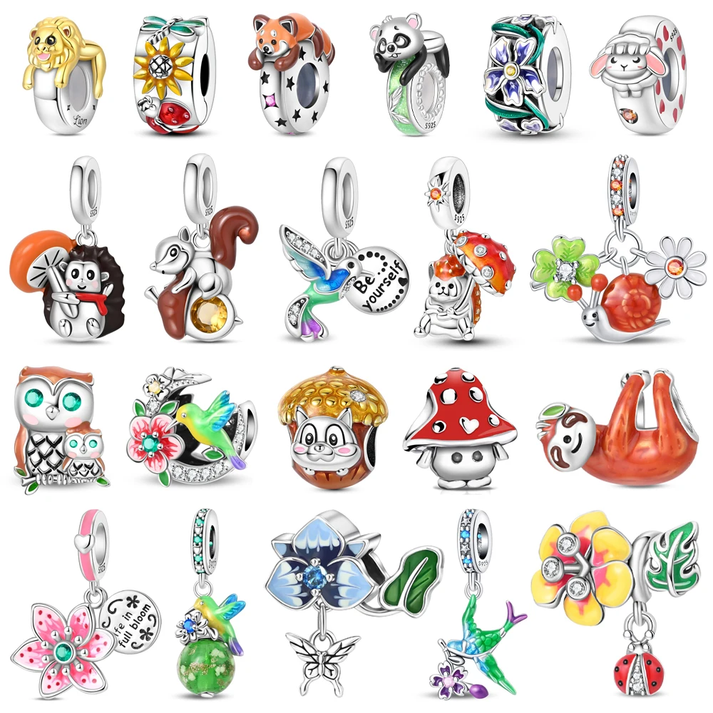 Abalorios de colibrí y dijes colgantes de hongo y erizo de plata de ley 925 coloridos, compatibles con pulseras boutique, hermosos regalos de colgantes