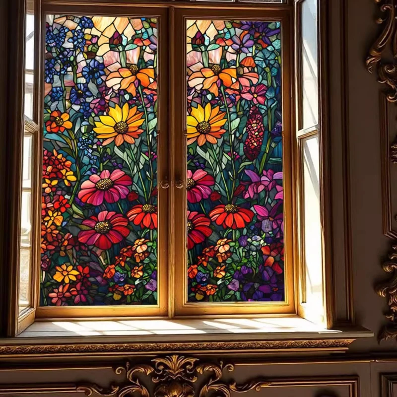 Retro Stained Painted Flower Art Printed Window Film Static Cling Glass Stickers Home Office Decor Opaque Privacy Film