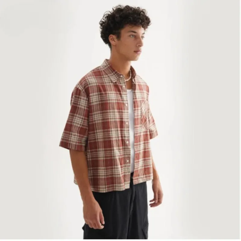 

Vintage Plaid Shirts Mans 2026 Spring Summer Baggy Short Sleeve Shirts for Men Korean Fashion Clothes Teenagers