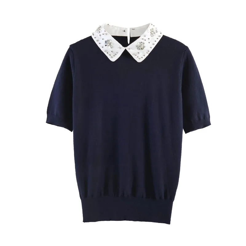 

ZHIO French collar short sleeved knitted sweater for women in summer new pearl decoration top with a slimming look on the inside