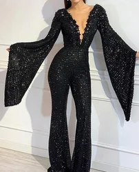 New Women Jumpsuit Sequin Elegant Casual Women's V-neck Bat-sleeved Top Black Solid Straight Fashion Long Jumpsuits