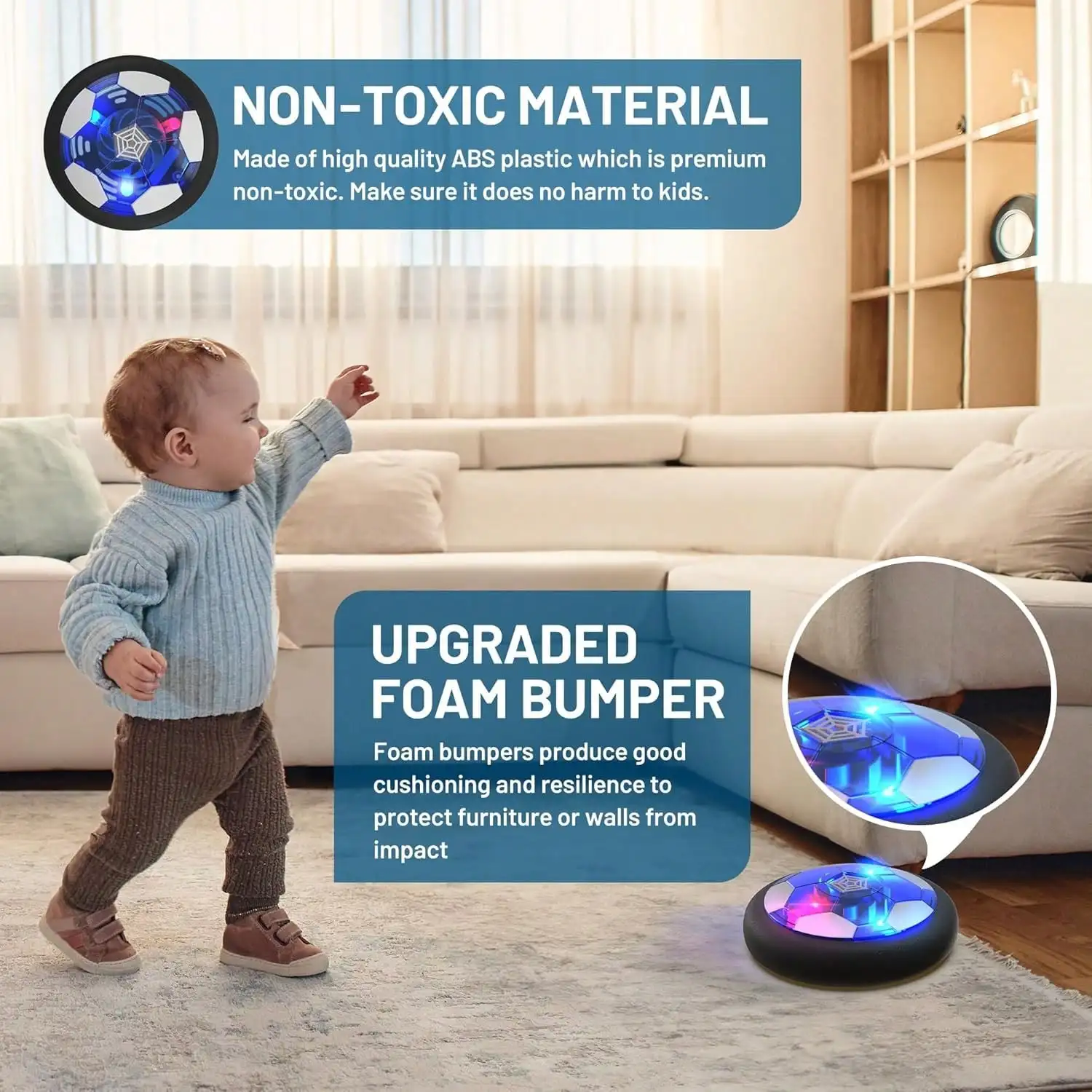 Kids Hover Soccer Ball Toy, Air‑Power Floating Hover Ball With Protective Soft Foam Bumper & Colorful LED Lights, Battery‑Operated Indoor Aerodynamic Soccer Game Toy For Boys Girls Ages 3‑12, Ideal Birthday Holiday Children Play Gift