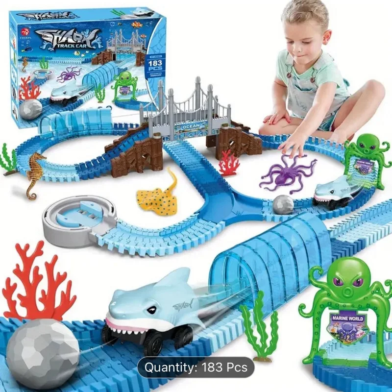 Zestaw do składania dla dzieci - parowy kolejnik z rekinami, zabawka kolejowa, interakcja rodzic-dziecko, puzzle, DIY, podwodny świat, zabawki dla dzieci, prezenty.