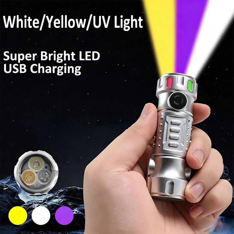 3-in-1 Portable UV Flashlight 365nm Black Light/Yellow/White Light Type-C Rechargeable Mini Pocket Torch for Jade Emergency