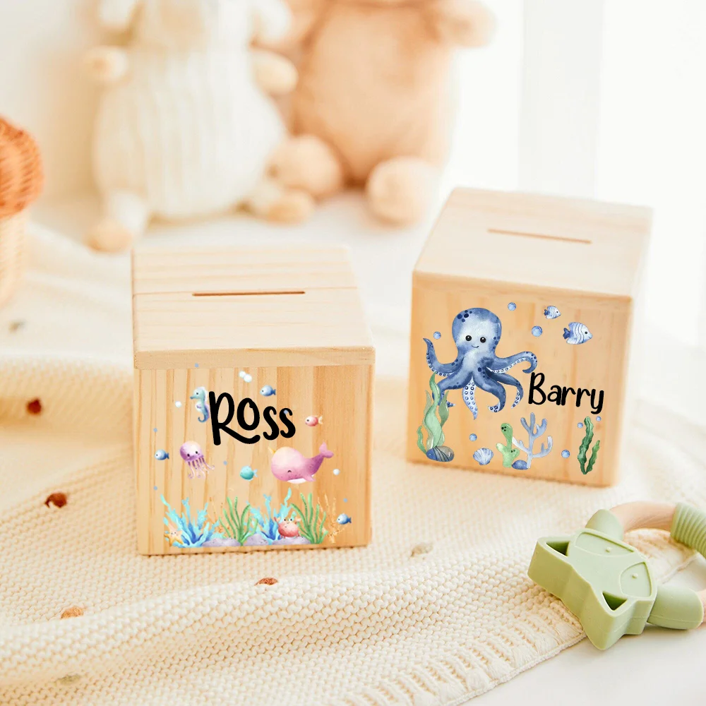 Money Box Personalized Child Wooden Money Box with Name Customized Cute Cartoon Piggy Bank Baptism Gift Baby Birth Gift