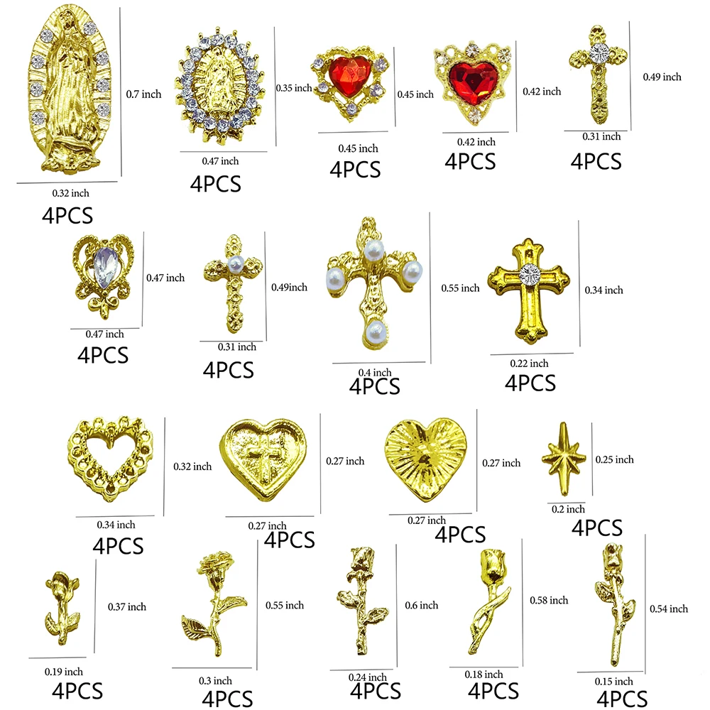 Zestaw złotych ozdób do paznokci 72 szt. ze złotym krzyżem, sercami, różą i Matką Boską - chromowane ozdoby do paznokci 3D Y2K