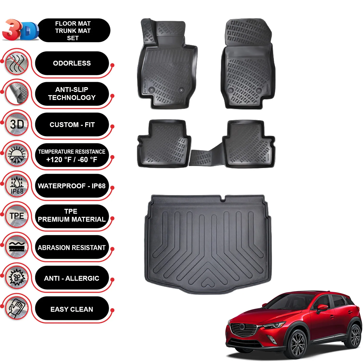 Mazda CX-3 Black - (2015-2022) - Floor Mats + Cargo Trunk Liner - SET - (Black)