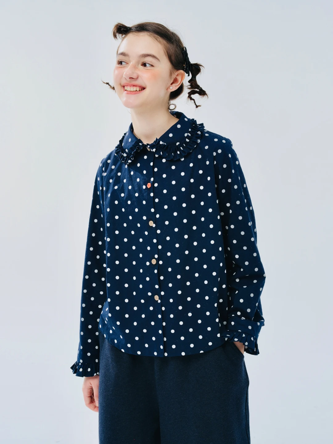 IMAKOKONI original design lapel long sleeve polka dot blue loose shirt 244475