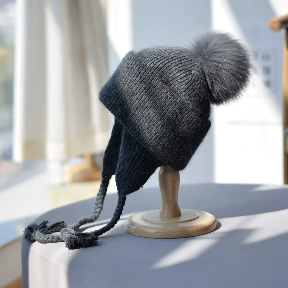 

Модная двухслойная вязаная шапка-ушанка из кроличьего меха, длинная пуловерная шапка с отделкой из косы, унисекс, зимняя снежная уличная теплая шапка-ушанка