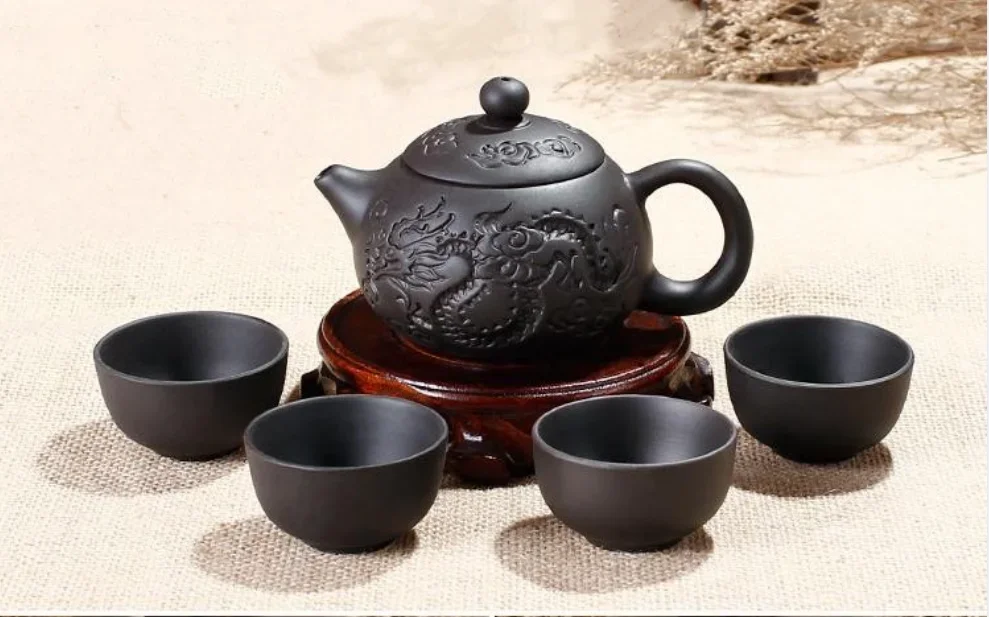 Purple Sand Kung Fu Tea Set, Dragon Water Pot, Ceramic, Porcelain, 1 Teapot, 4 Standard, 120ml, 5 Pcs