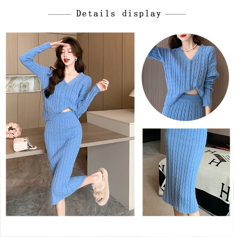 New Women Knitted Two Pieces Set Elegant Autumn Winter Lady V Neck Single-Breasted Cardigan Sweater Coat+Bodycon Mid Skirt Suis