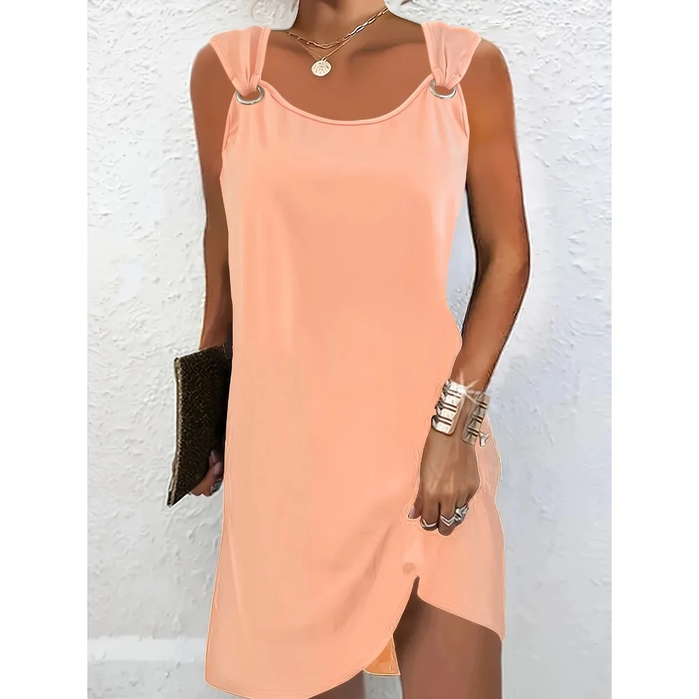 Vestido de talla grande 1XL-5XL para mujer, sin mangas, con cuello en V, detalle de botones de Metal, vestido informal de verano de longitud media amarillo vibrante