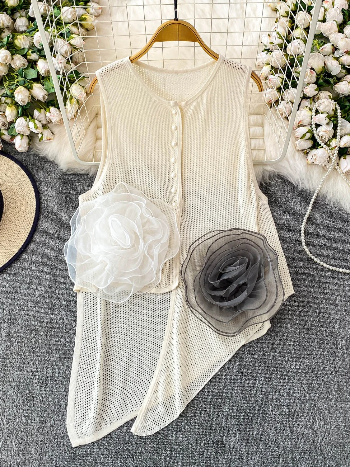 Gilet tricoté à fleurs 3D, haut d'été ajouré à balayage irrégulier pour jeunes femmes, coupe ample, bouton unique