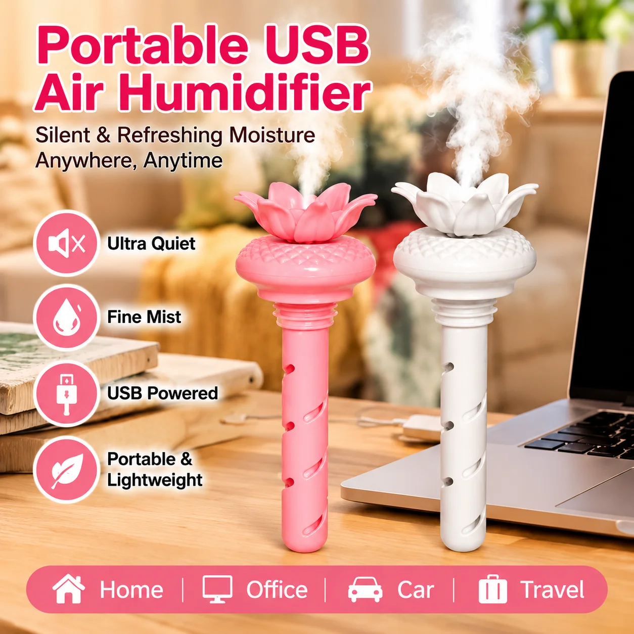 For Home Office TravelQuiet USB Air Humidifier Diffuser Super Quiet Portable Spray Cool Mist Purifier without Water Container