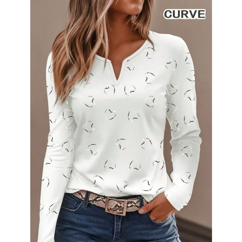 

Plus Size Women's Fashionable Versatile Notch V-neck T-shirt Ladies Casual Heart-shaped Printed Long Sleeved T-shirt