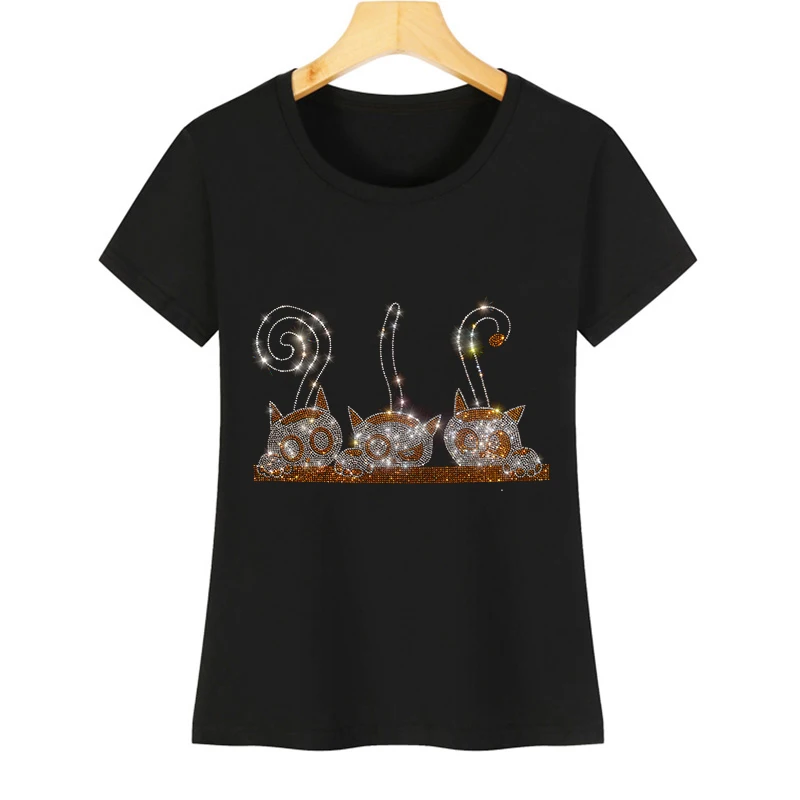 

Women's Casual T-shirt with Cute Cats Rhinestone Design for Summer