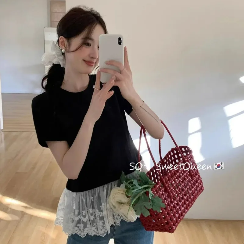

Summer New Versatile Lace Short Sleeve T-shirt Women Fashion French Ballet Lace Splicing Small Trendy Design Y2k Tops