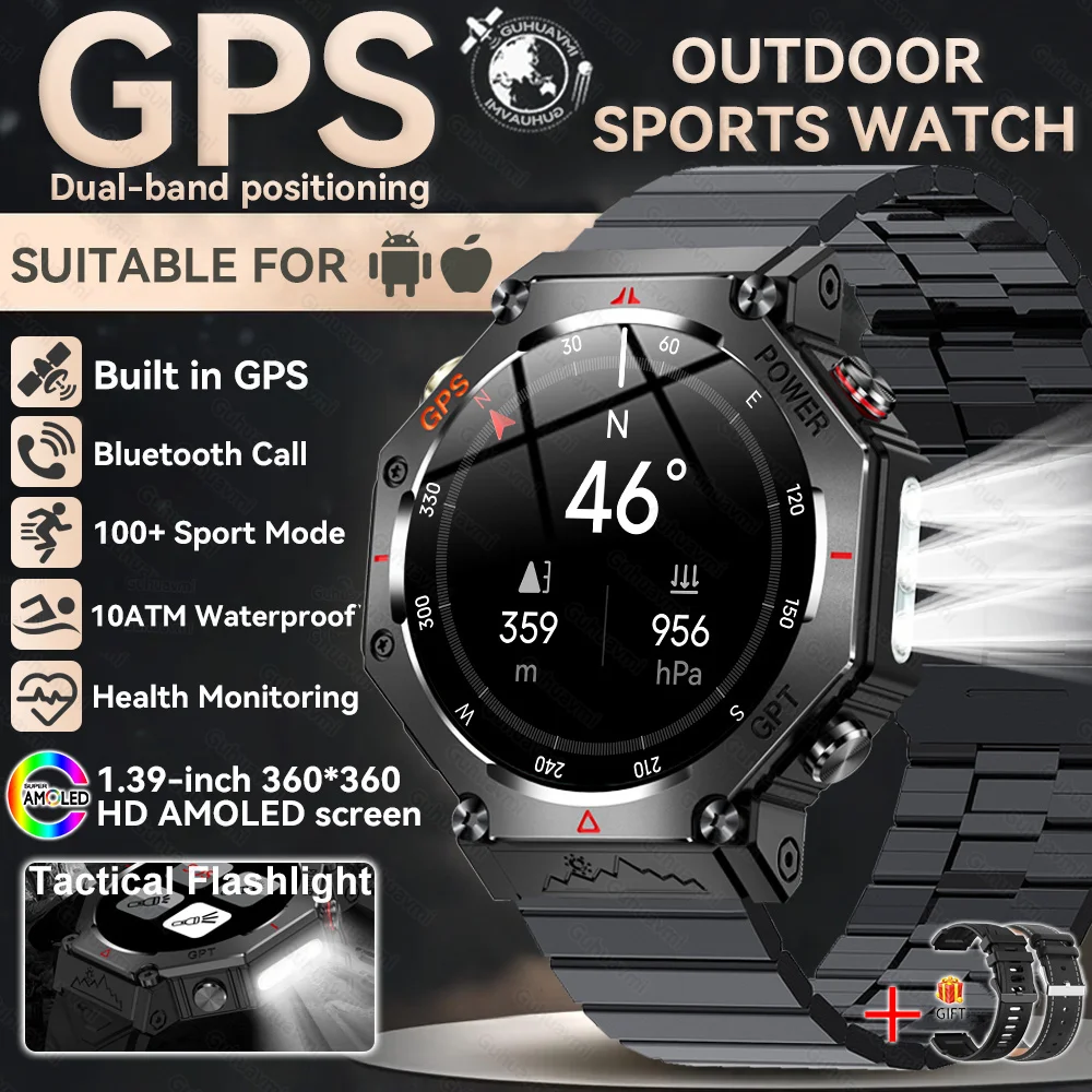 2026 Nieuwe Ingebouwde GPS Outdoor Smartwatch Heren Zaklamp Kompas BT-oproep Hartslagmeter 10ATM Waterdicht Sport Smartwatch 2026