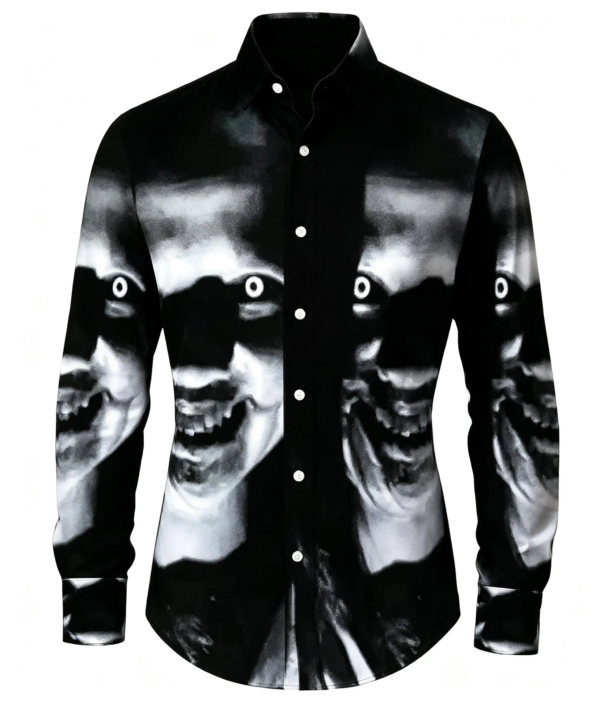 Men Long-Sleeve Button-Down Shirt Black White Horror Ghost Face Print Polyester Lapel Collar Halloween Party Top