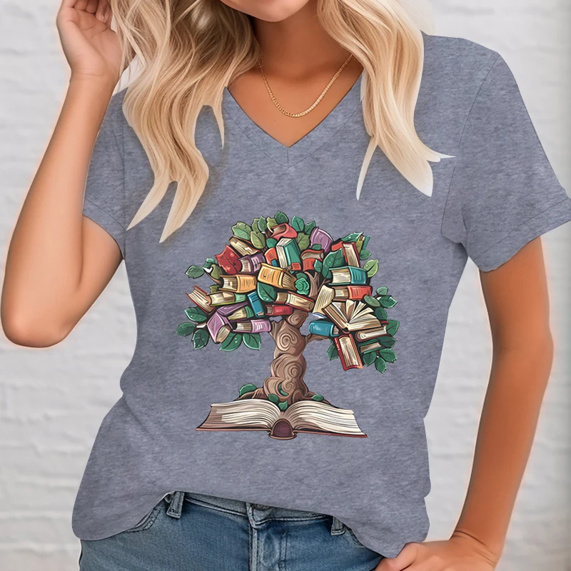 Vintage Book Tree Graphic T Shirt Women Reading Lover Gift Summer Clothes Women Vintage Retro Book Essential Short Sleeve Tshirt