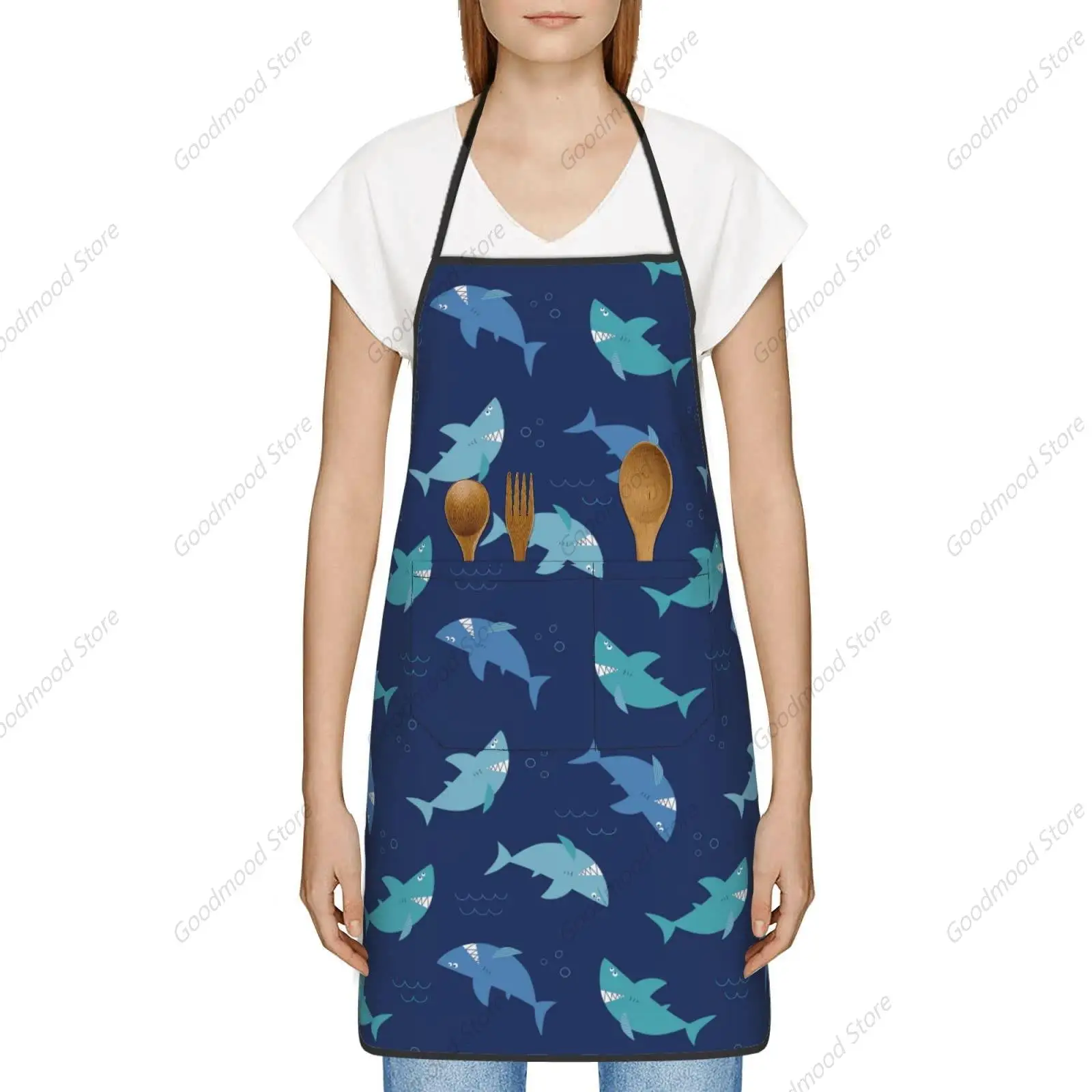 Funny Blue Shark Apron for Men Women with 2 Pockets, Fish Waterproof Adjustable Aprons for Cooking Cleaning