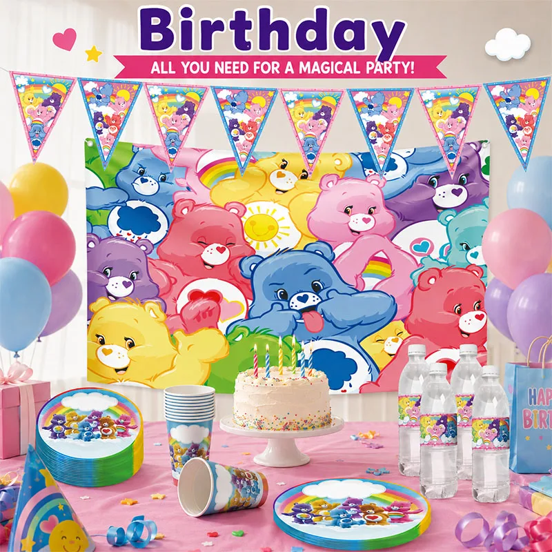 Bunte Care Bears Anime-Themen Teller, Becher, Banner und Hintergrund – Stilvolles Set für Geburtstagsfeiern und Familientreffen mit Geschenken