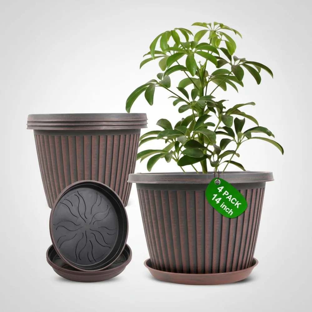 

Large 14 Inch Plant Pots 4 Pack with Saucer, Indoor Outdoor Plastic Planters for Garden Decor