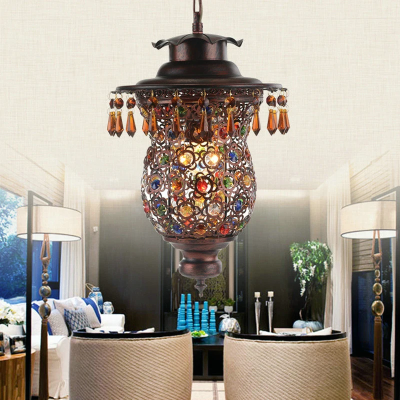 Bohemian Antique Iron Restaurant Droplight Color Crystal Lamp Creative American Coffee Shop Bar Bedroom Kitchen Chandelier