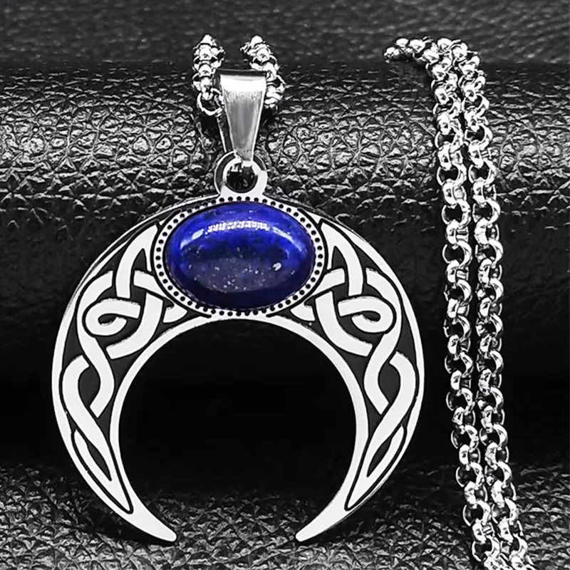 Vintage Crescent Moon Knot Pendant Necklaces for Women Stainless Steel Blue Stone Silver Color Punk Chain Jewelry collier N7941