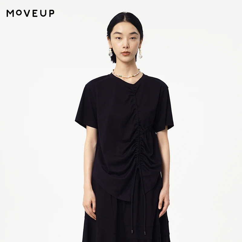 

MOVEUP Short Sleeved Round Neck T-Shirt 2026 Summer New Pure Cotton Drop Sleeves Pleated Design T-Shirt For Women 125210514