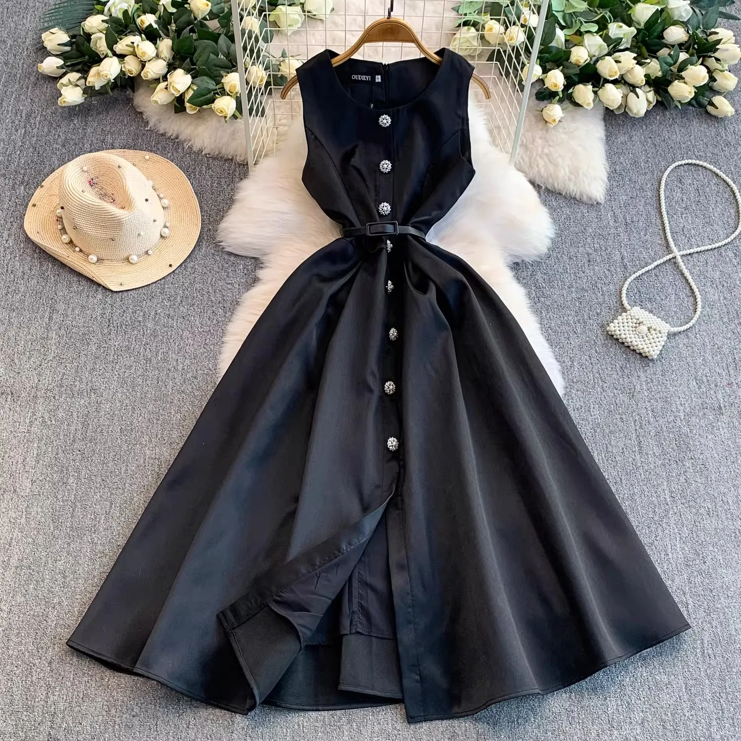 Fashion Runway Beeding A-line Midi Prom Dress Applique Sleeveless Belt Party Gowns Sweetheart Club Evening Dress