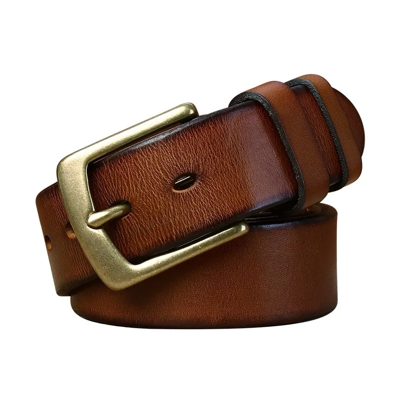 Men's Thick Full Grain Leather Belt, Genuine Leather Pin Buckle, European and American Vintage Solid Brass, Simple Versatile Jea