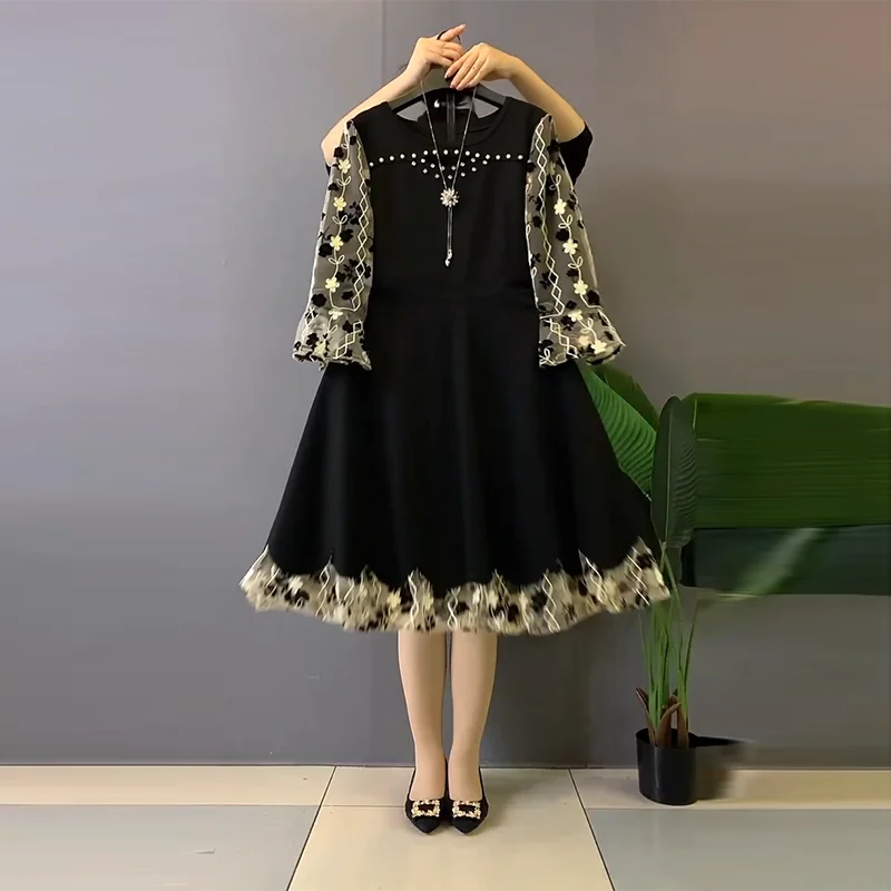 French Sle Mid-Length Dress for Women, Round Neck, Lace Skirt, Western Sle, Elegant Fashion, Young Sle, Plus Size Clothing