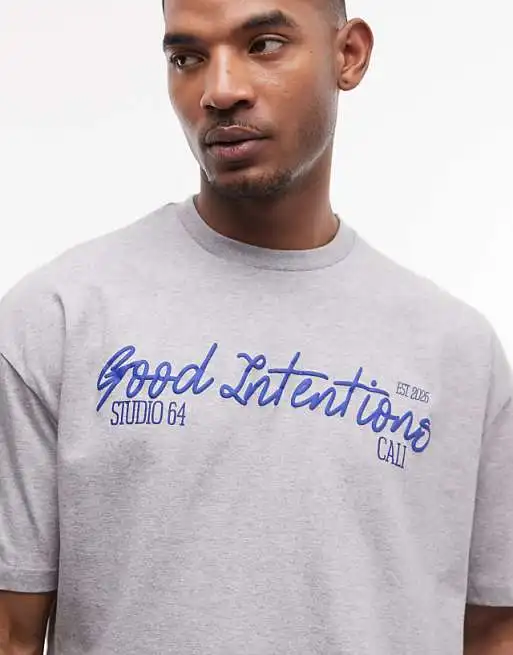 Oversized T-shirt with Good Intentions Puff Print in Gray High-end Luxury Unisex Style Both of Men and Women