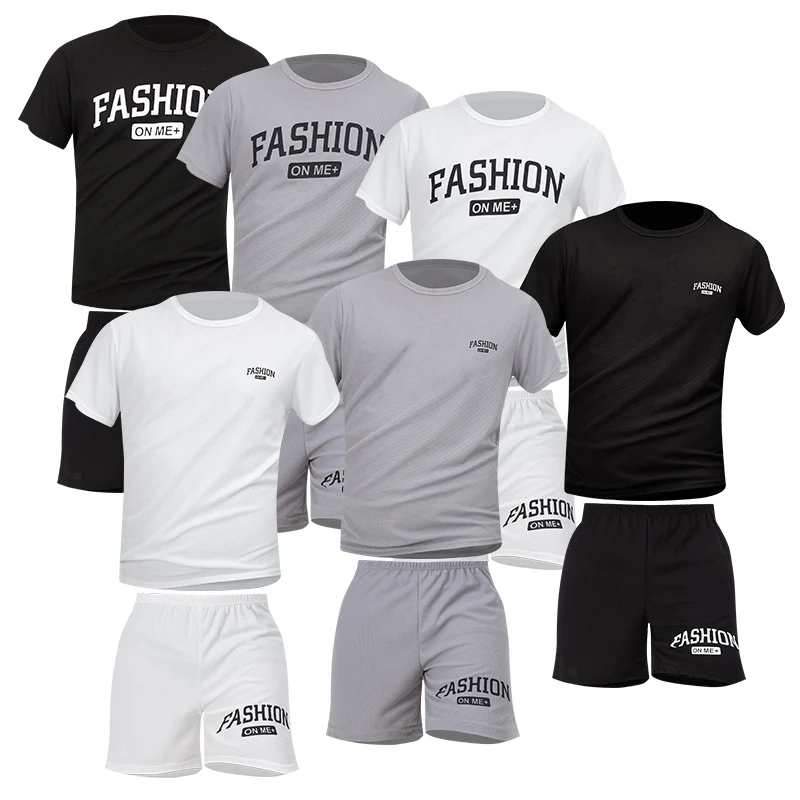 

2 Piece Men's Summer Texture Solid Color Printing Suit Loose Sports Fitness Joker Breathable Short-sleeved Shorts Young Fashion