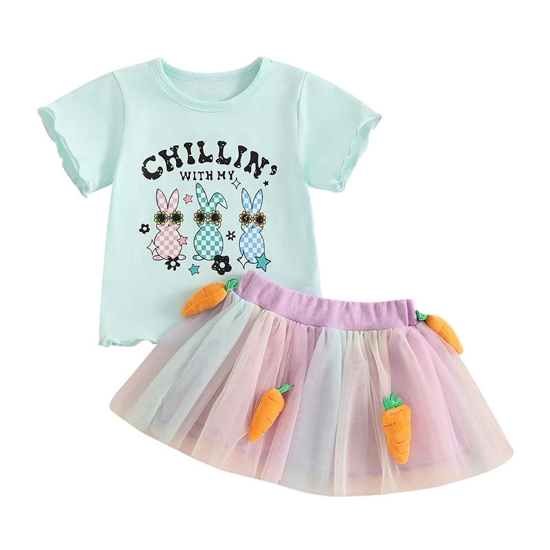 Baby Toddler Girl Easter Outfit Bunny Letter Print Short Sleeve T-shirt Plush Carrot Tulle Skirt 2 Pcs Set