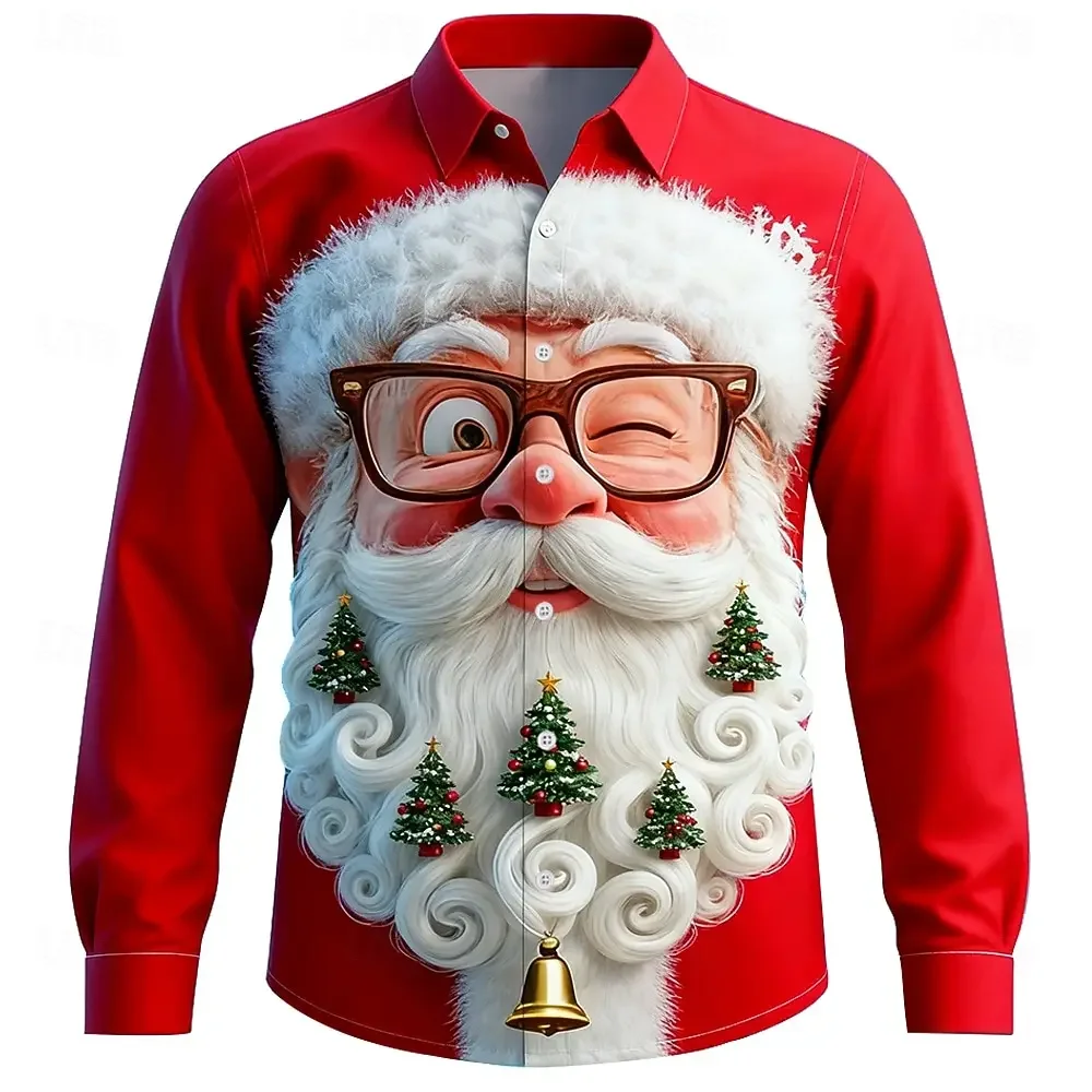 Christmas Men's 3D Graphic Long Sleeve,Street Style Fashion,Santa Claus Cartoon Smile Face Print Design,2025 Fall Casual Shirt