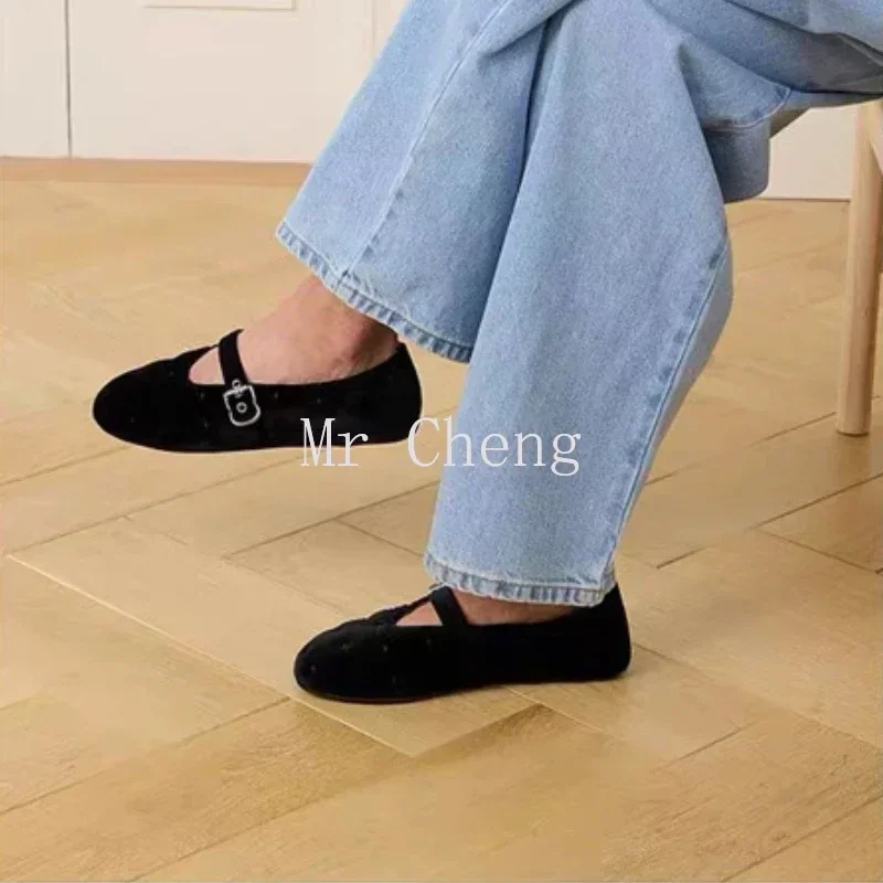 2024 Autumn New Women's Ballet Flats Retro Red Double Belt Buckle Decoration Casual High Quality Big Size Lady Mary Jane Shoes image 3