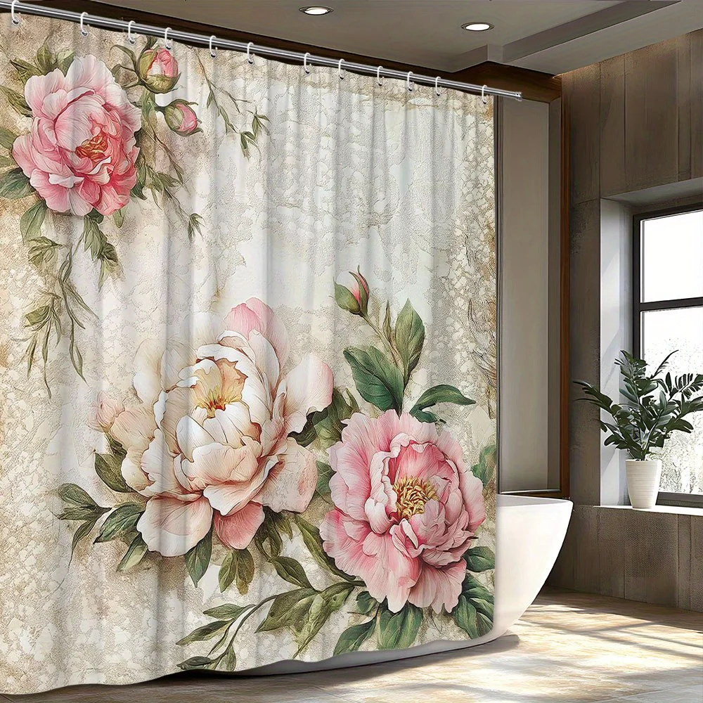 

Винтажная занавеска для душа с розовым пионом и цветочным рисунком с 12 крючками, которую можно стирать в машине, идеально подходит для современной эстетичной занавески для душа в ванной комнате