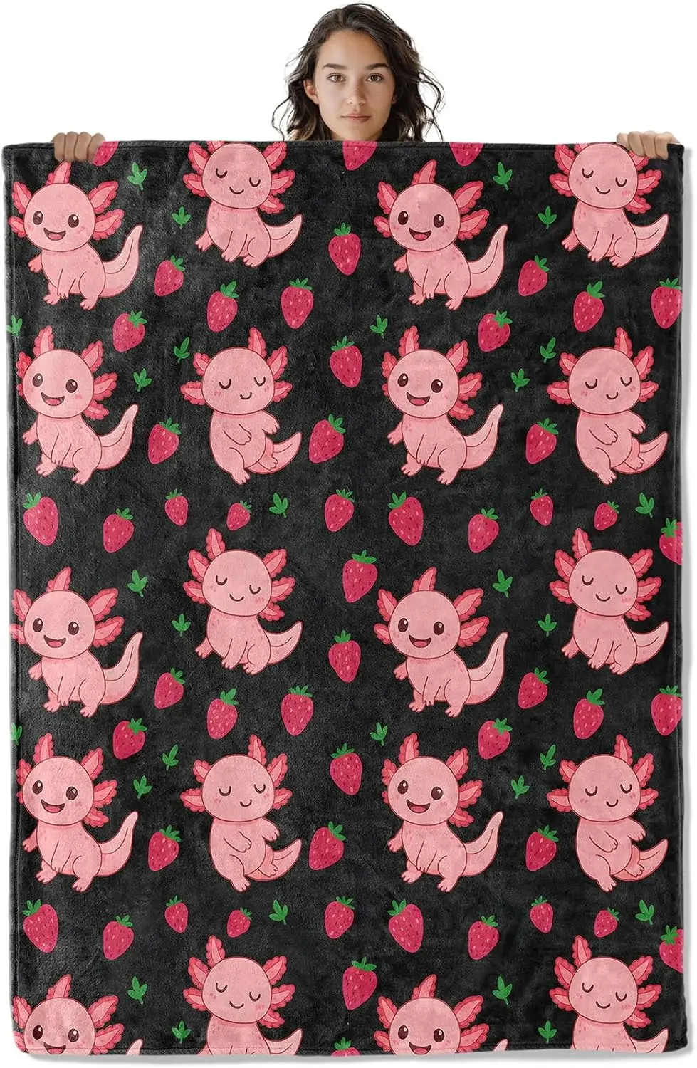 Sweet Axolotl Strawberry Throw Blanket, Lovely Pink Salamander Fruit Warm Blanket for Couch Trip Teen Household Cute Room Decor