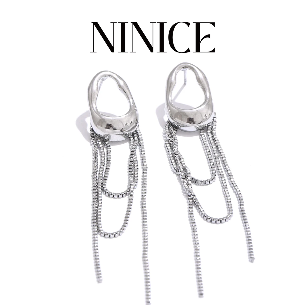 NiNice Temperament Stainless Steel Metal Tassel Chain Long Hanging Drop Earrings Girl's Daily Wear Trending Jewelry Recommend