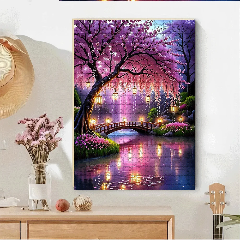 1000/500pcs Cherry Blossom Tree, Bridge & Lantern Lake Puzzle - Large Interactive Adult and Family Game, Home Decor Brain Chal
