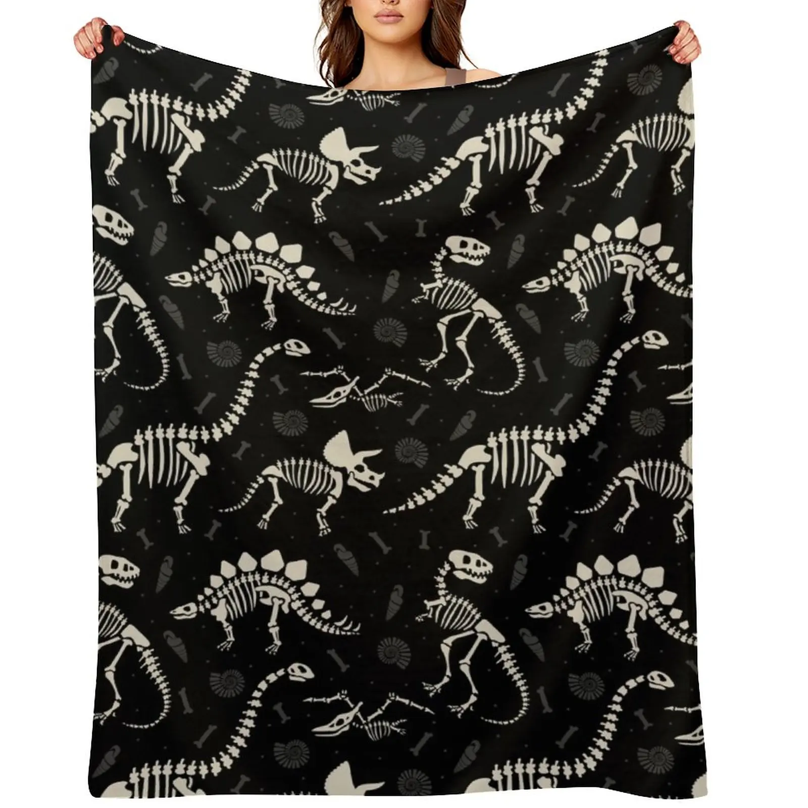 Dinosaur Fossils in Black Throw Blanket Summer Blankets For Bed Retros Bed covers Blankets