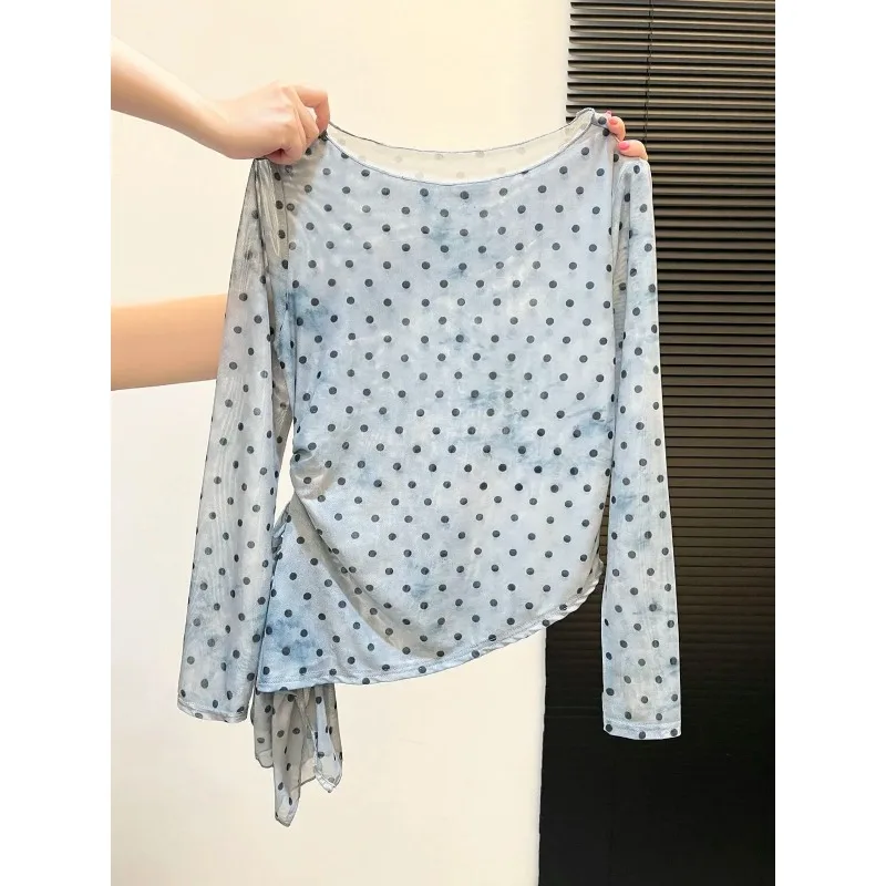 Roupas femininas estampa de bolinhas manchadas manga comprida malha de camada dupla top início do outono camiseta de emenda irregular