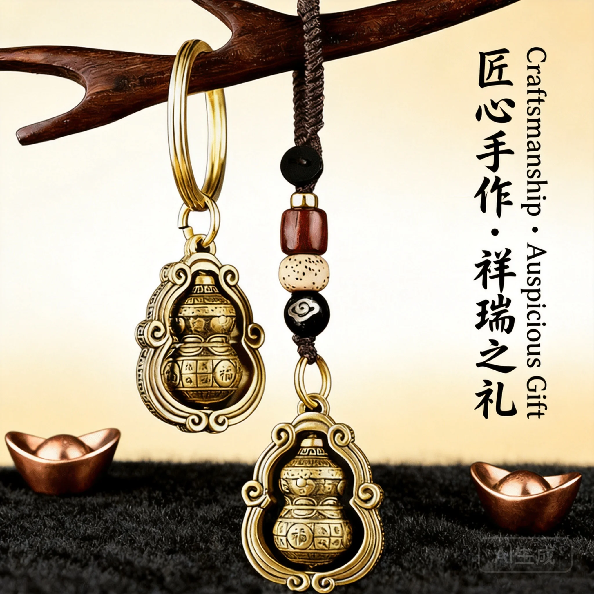 2026 Brass Spinnable Gourd Keychain Chinese Style Retro Tibetan Lucky Fortune Charm For Car Keys Bags Hanging Ornament Good Luck
