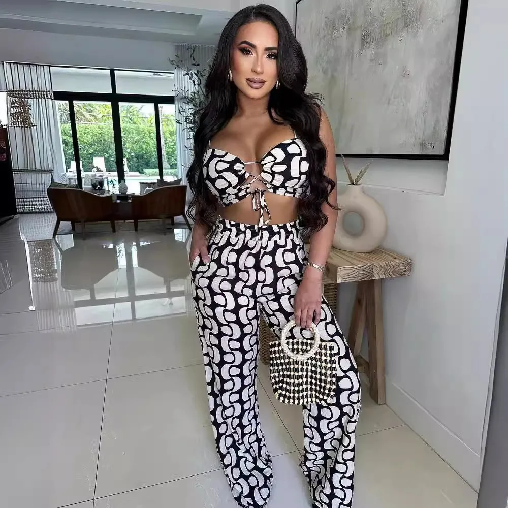 Pants Set Women Two Piece Sets Sexy Sling Sleeveless Short Tops Wide Leg Long Pants High Waist Hollow Out Print Matching Sets