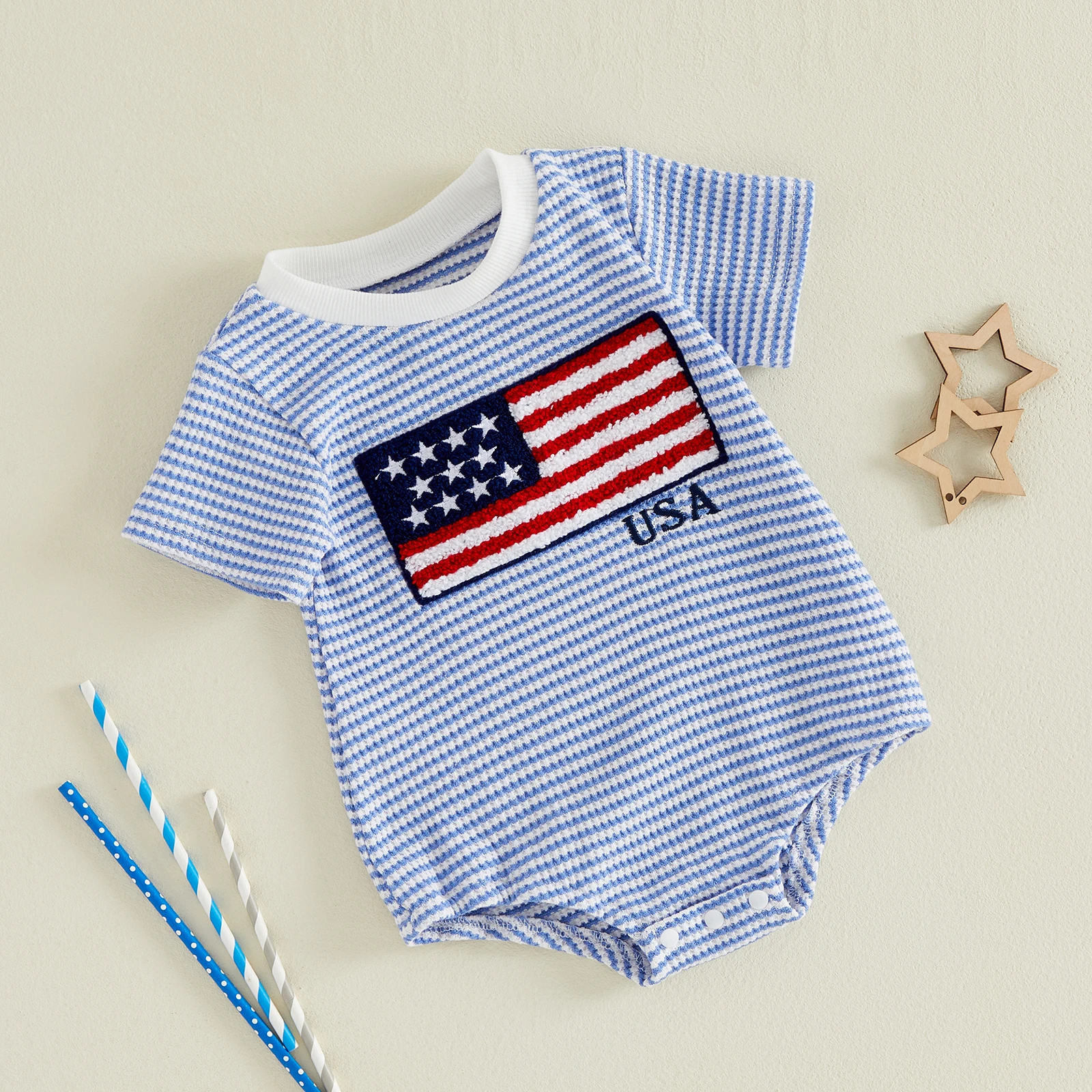 Newborn Baby Boy Girl 4th of July Outfit American Flag Embroidery Striped Waffle Short Sleeve Bubble Romper Bodysuit