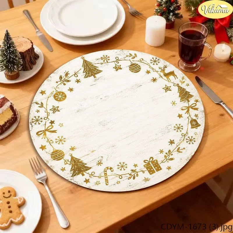 VIKAMA Washable Round Christmas Placemat, Gold White Hand Drawn Xmas Tree Snowflake, Winter Holiday Kitchen Decor