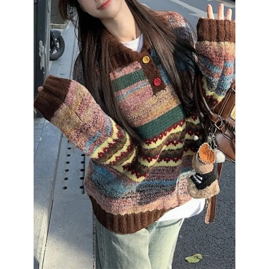 

YUNSHU Women's Long Sleeve Knitted Sweater Color Button Design Winter Retro Soft Waxy Loose Top Fashionable Niche Style